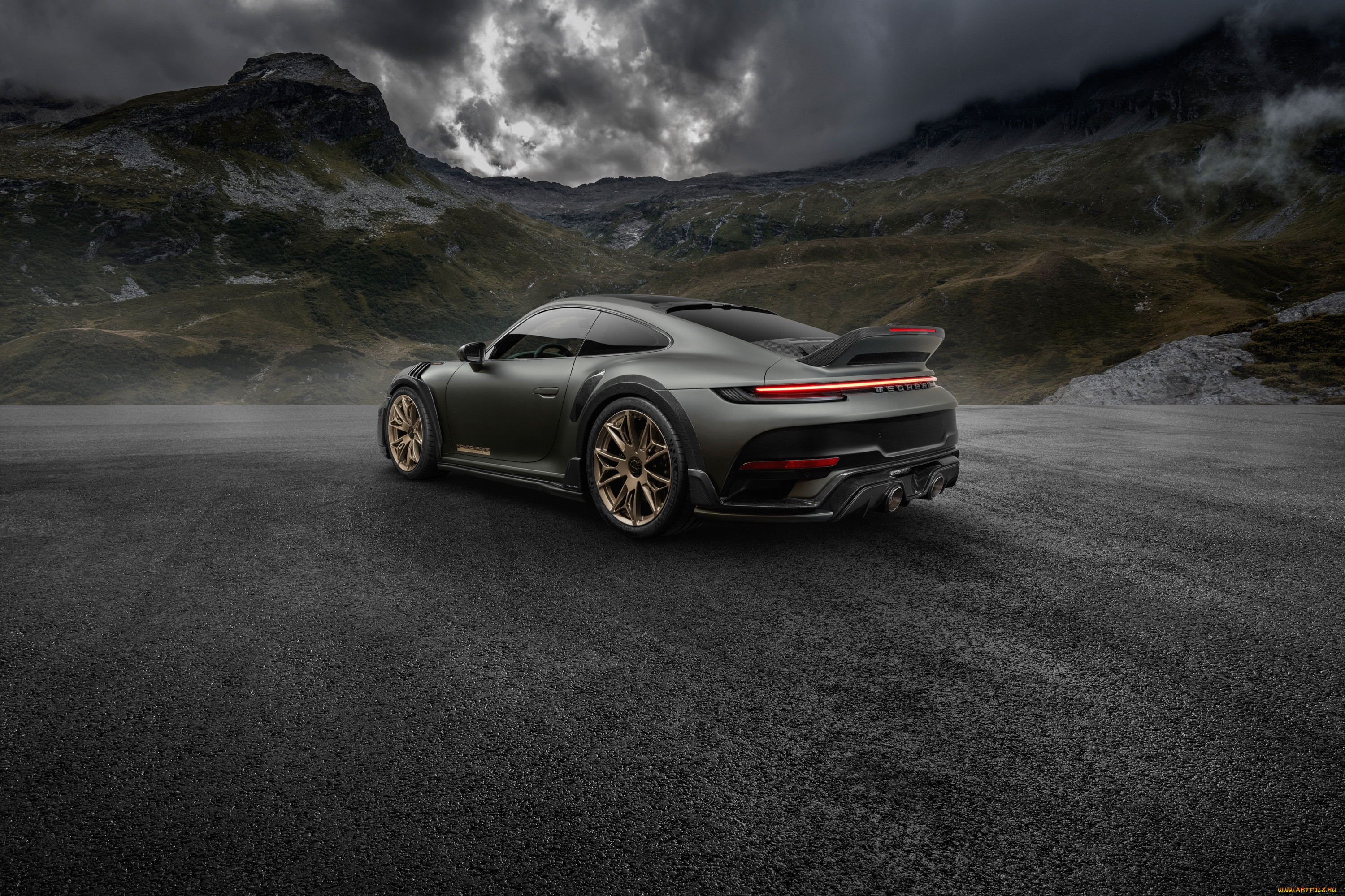 auto - car, , porsche, clouds, 911, mountain, monochrome, road, rear, techart